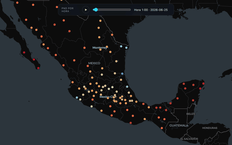 Animación del mapa de Batu Atlas: los precios mayoristas (PND) de la energía por zona de carga en México cambian hora por hora a lo largo de un día. Las zonas más caras se ven en rojo y las más baratas en azul.